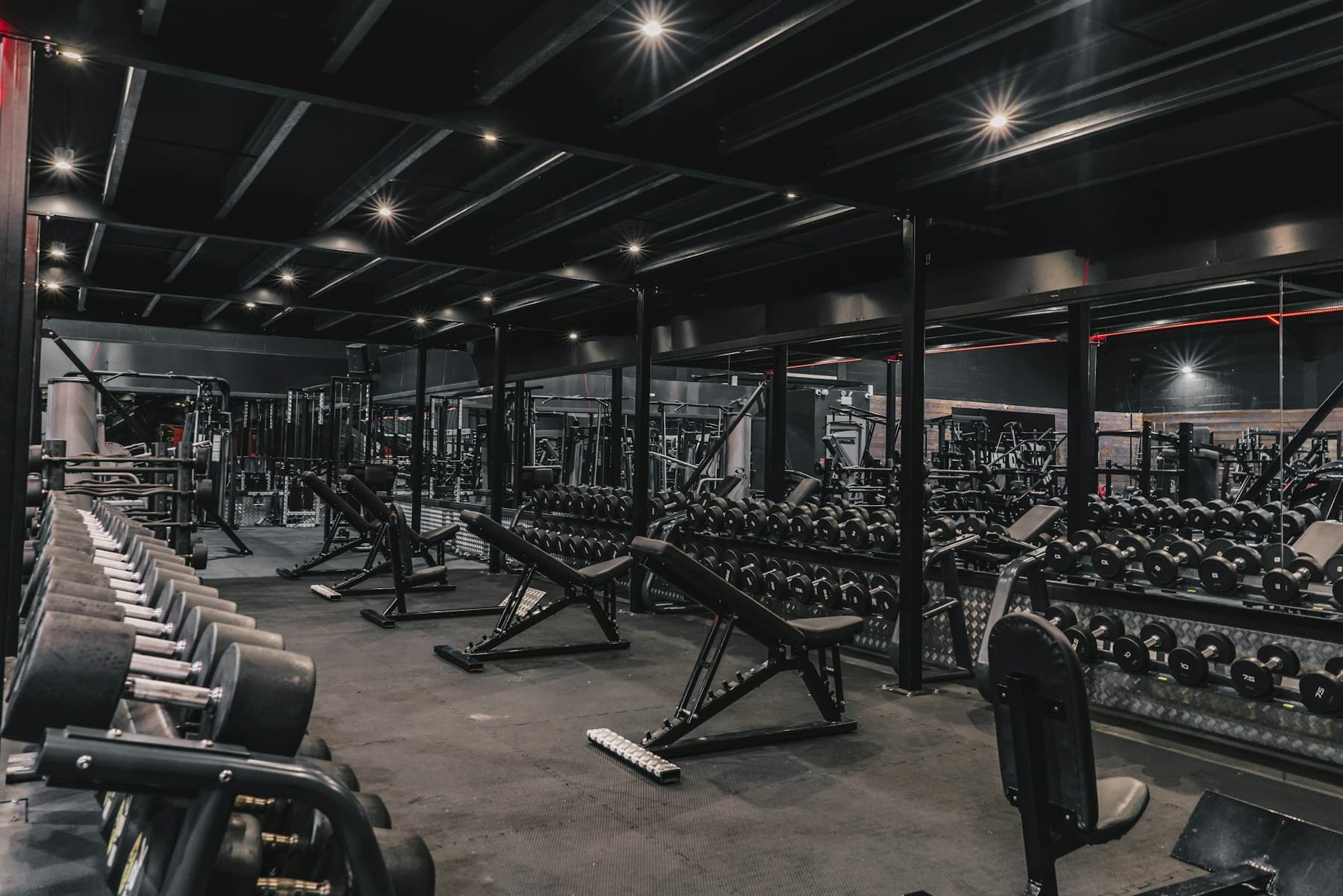 Interior real de academia com esteiras e equipamentos